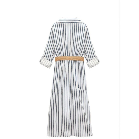Zara Linen blend navy Striped Button-Down Dress with Belt - Picture 4 of 12